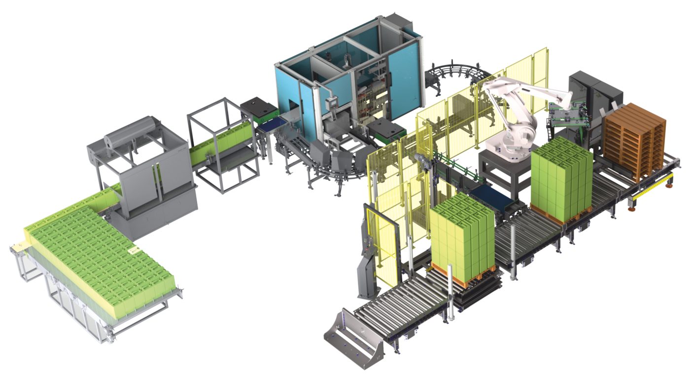 Optimak robotic palletising and stretch-wrapping line